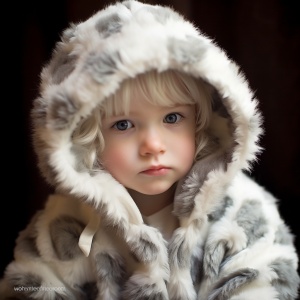 可爱的雪豹小男孩，长了一对兽耳，白色的头发有两撮黑色的挑染，蓝色的眼睛