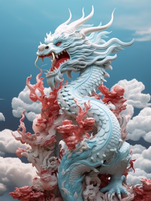 light blue jade dragon between clouds , ruby and gold style, anime aes- thetics, red and white, elaborate,c4d rendering,3D zbrush ar 9:16 style raw stylize 200 v 6