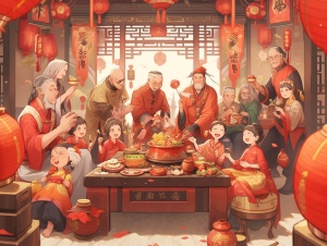 财神到来祝福，一家男女老少，四代同堂，开心快乐，围坐一起庆新年，春节节日气氛，超高清画质32K。