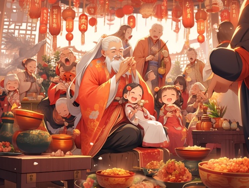财神到来祝福，一家男女老少，四代同堂，开心快乐，围坐一起庆新年，春节节日气氛，超真实。