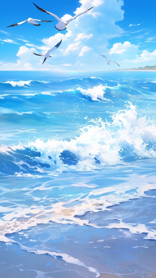 蔚蓝的大海，金黄的沙滩，，一只海鸥飞来飞去，工笔画风格，34k高清画质。