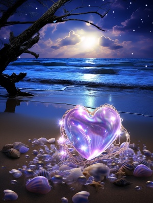 A blue-purple heart-shaped CG rendering on the beach, with a circle of sparkling roses and shiny opals, crystal clear and sparkling, moonlight on the snow-white beach, blue sea, pearls, ultra-clear picture quality, super details, fireflies, lighting effects, Wonderland Romance 1 by Thomas Kinkade, Krenz and Victor Naji, cgsociety trend, soft light, ultra-wide angle, vision, fairy tale, fantasy, HD 8k HD, oversaturation, characters, signature, depth of field