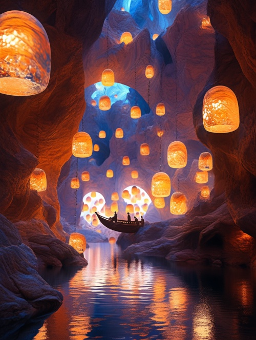 沙漠中的一个大洞穴，带有点亮的玻璃灯笼，采用新混凝土艺术风格，当代糖果涂层，有机形式和图案，超现实主义水面，浪漫的室内设计，挪威自然风光，霓虹灯照明，超高清画质，32K