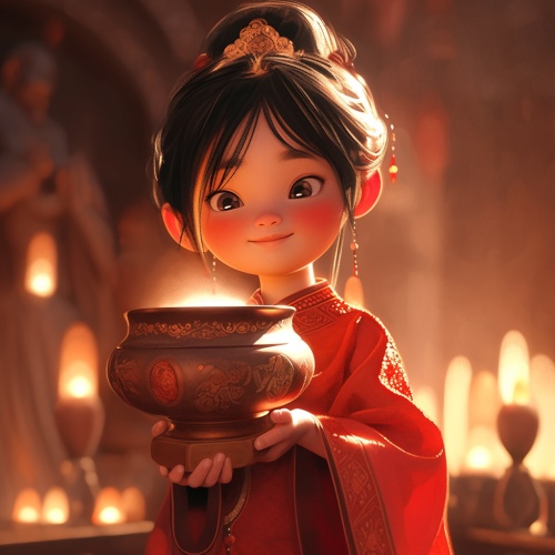 一个小女孩穿着红色衣古装，手里拿着一个中国古代的金碗，戴着墨镜，用手比划着全身人像、电影照明、体积光、柔和和高级颜色、皮克斯风格、3D、C4D、搅拌机、赤壁、超细节、超精度、8k