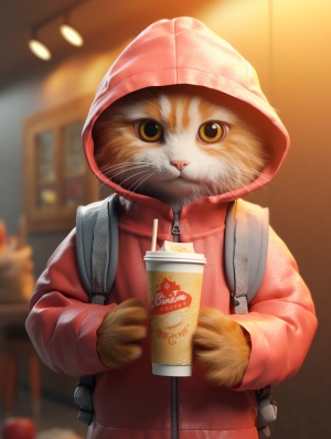 背景一家肯德基店里，个橘猫穿着外卖员的衣服,手里拿着外卖，正面对镜头