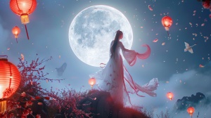 照片主体：嫦娥，她身穿华丽的古代汉服，手提一盏古代宫灯，脚踩祥云，优雅而神秘。白兔喜气洋洋地跟随在她身边，仙鹤则翩翩起舞，共同营造出一种梦幻般的氛围。照片环境：背景是月亮和人间，月亮上呈现出美丽的夜晚景色，而人间则洋溢着春节的节日气氛，有红色的灯笼、对联和鞭炮等元素，融合了中国年画的风格。照片风格：结合中国古代神话和春节的元素，呈现出一种神秘而喜庆的风格。色彩丰富，细节精致，具有浓厚的中国文化氛围。照片构图：采用中远景的构图方式，嫦娥、白兔和仙鹤占据画面的中心位置，月亮和人间则作为背景，共同构成一幅和谐的画面。照片光影：俯视视角，加大人物动态感，突出白兔和仙鹤的形象。利用光影效果，营造出一种神秘而梦幻的氛围，增强画面的张力。灯光色彩：整体色调以红色和白色为主，红色代表春节的喜庆，白色则代表月亮和仙女的纯洁。灯光效果要柔和而神秘，为画面增添神秘感和梦幻感。照片质量：要求画面清晰，细节丰富，色彩鲜艳且饱满。人物和动物的形象要栩栩如生，背景也要细腻入微，让人仿佛置身于这个神秘而喜庆的世界之中。