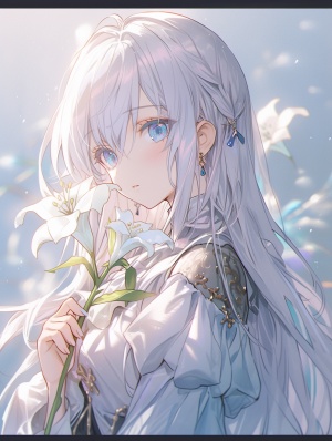 Luminous Dreamlike Anime Girl with White Hair and Flower