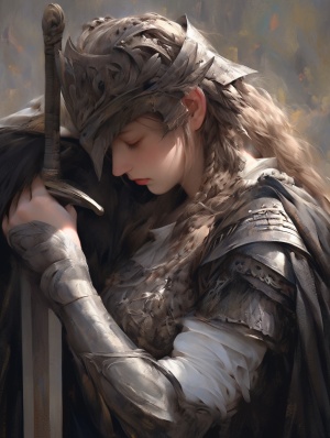 一位身穿精致铠甲的女子，她头戴皇冠，面容冷峻。她的铠甲细节丰富，从头盔到胸甲都充满了复杂的装饰和纹理。在她的手中，她握着一把锋利的长剑，剑身闪烁着寒光。背景中似乎有云雾和飘动的布料，给人一种神秘而古老的感觉。图像展现了一种古典而又高贵的战士形象