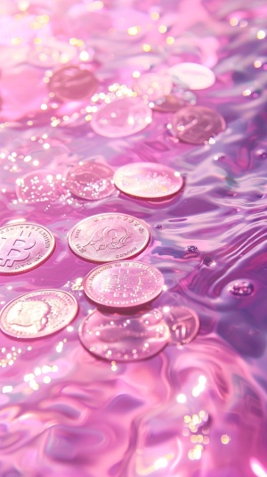 Hyper-realistic Anime Aesthetic Scenes with Coins on Pink Water