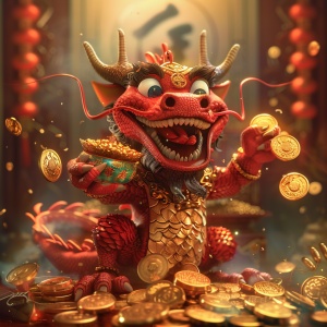 Golden Dragon: A Happy Cartoon Character Holding Treasures