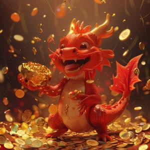 Golden Dragon: A Happy Cartoon Character Holding Treasures
