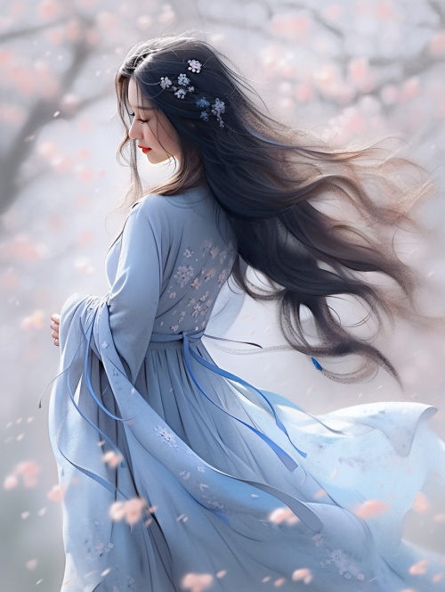 一位秀发飘逸的东方少女，独自漫步在户外，身着清新的青蓝色扎染裙子和白色衬衫。她的长发如瀑布般垂落，微风吹拂间轻舞飞扬。胸前绽放着一朵娇艳的花朵，与周围的樱花相映成趣。她轻盈的步伐透露出一股优雅和自信。迎面一笑间，仿佛是花间精灵般的美妙身影，吸引着眼前的目光。微风吹拂下，她手臂轻轻抚摸着头发，微微仰望着天空，仿佛是在享受这片春日的宁静与美好，甜笑，甜美，超高清画质，32K