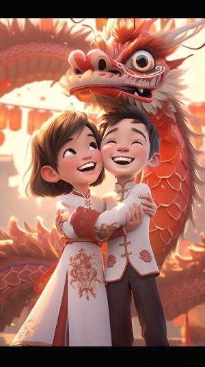 Pixar animation style, Chinese New Year, two cute children standing in the middle, wearing traditional Chinese clothes, a humanoid Chinese dragon with a big smile, some gold coins on the ground, blue and white color scheme, strong light effect, super detailed, 3Drendering,HD, 8k niji 5 ar 9:16