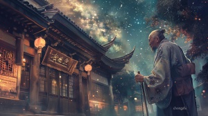 明亮的星空下，一位长者手持算盘，眼神坚定，站在一座古老的书院前。书院的牌匾上写着“祖冲之书院”