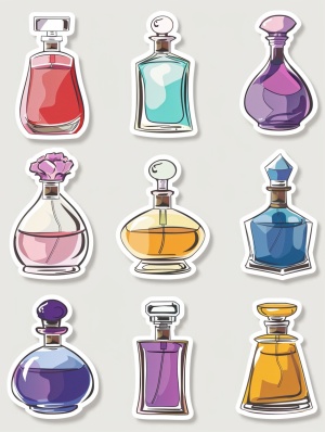Sticker Sheet with Minimalist 2D Art and High Detail Game Art in Various Colors: Studio Ghibli Inspired Handdrawn Perfume Bottles on White Background