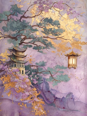 Chinese Relief Mural with Gold Inlaid Jade Carving Lantern on Light Purple Minimalist Background
