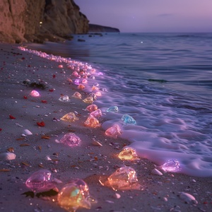 Nighttime Photographic Realism: Colorful Luminous Beach at Starlight