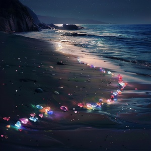 Nighttime Photographic Realism: Colorful Luminous Beach at Starlight