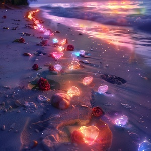 Nighttime Photographic Realism: Colorful Luminous Beach at Starlight