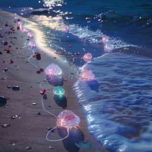 Nighttime Photographic Realism: Colorful Luminous Beach at Starlight