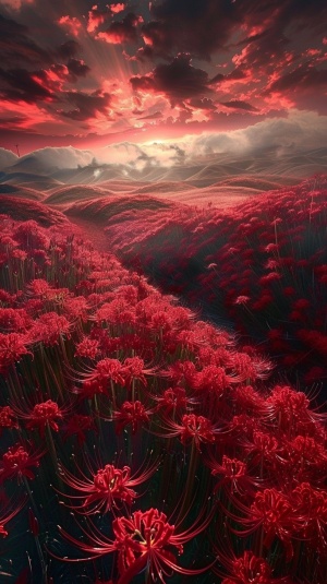 Lush fields of crimson spider lilies blanket the landscape, their vibrant hue spreading like wildfire across the horizon. The clouds above drift lazily, their wispy wisps stained a fiery red by the sheer abundance of the stunning blooms. Each petal boasts intricate details, highlighted by the soft rays of the sun and casting patterns of shadow and light across the scene. The overall effect is one of both wild abandon and unbridled beauty - a surreal, ethereal landscape that seems to defy explanation and cap