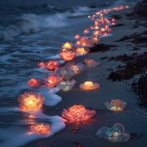 Nighttime Photographic Realism: Colorful Luminous Beach at Starlight