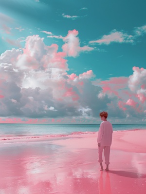 粉红沙滩上的海洋美景：千禧美学的梦幻之境