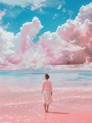 粉红沙滩上的海洋美景：千禧美学的梦幻之境