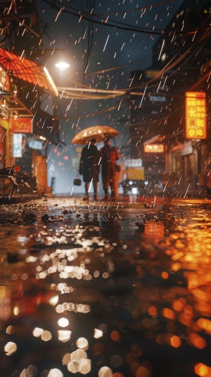 Illustrate a close-up shot of a rainy street at night. The rain should be falling heavily, with reflections of the streetlights glistening on the wet pavement. Two figures can be seen in the distance, one holding an umbrella and the other drenched in rain. The atmosphere should feel melancholic and mysterious, setting the tone for the encounter between the two strangers]unreal engine, hyper real q 2 v 5.2