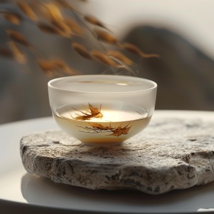 宁静温暖：清澈瓷茶杯中的金黄舞动