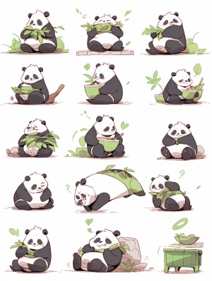 Cute Chinese panda holding a bamboo, A Chinese panda holding a bamboo, multiple poss and expressionsas,exaggerated, angry, happy,scared, Sur prised, etc., as anillustration set, in the style of bold mangalines, dynamic pose, dark white background, emoticon pack, nine palace grid layout, Old Meme Kernel,Chalk ar 3:4 s 400 niji5