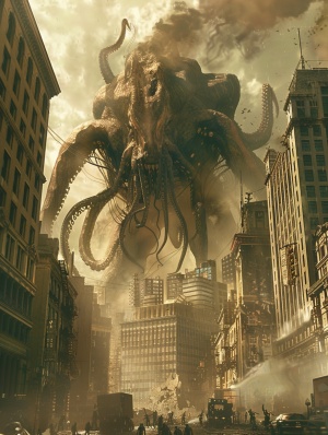cthulhu fan art of a creature attacking the city, in the style of illusion of depth, hd, celestialpunk, glorious, uhd image, xbox 360 graphics, dark