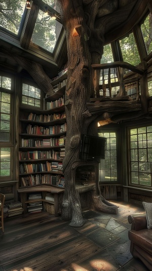 粗壮树干延伸的树屋，设有窗户、电视机和书架