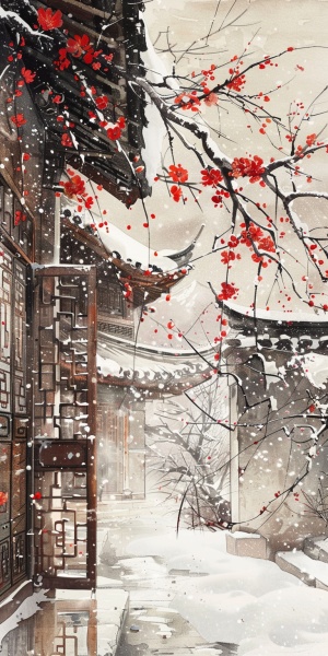 古代建筑，雪铺满屋檐街道，梅花开了，雪后阳光明媚，空镜，中国风。
