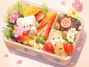 cute kawaii children bento with meat and fruit , lovely animal theme , rice and veggies , in the style of intricately sculpted , plush doll art , studio light , anime aesthetic , colorful arrangements , breakfast , young , lively , bear , cat , dog , rabbit , rustic charm ,32k uhd , Isometric view some flowers，sweet dreams,drink on the table