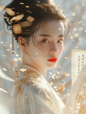 中国古典风格女子手持卷轴，金色文字漂浮，充满神话魔幻气息