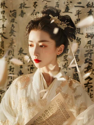 中国古典风格女子手持卷轴，金色文字漂浮，充满神话魔幻气息