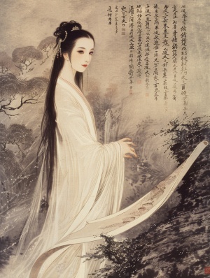 中国古典风格女子手中的神秘书卷