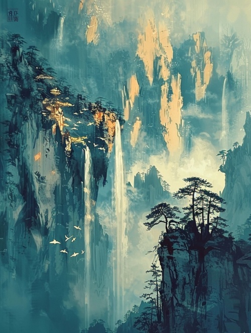 这是一副古画，画中是中国古典风格画风的高山，有苍松，有清泉，有瀑布，有飞鸟，有诗文，有印章，中国古代名画，名人真迹，超高清画质，32K