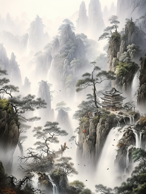 中国古代名画-高山苍松清泉瀑布飞鸟画