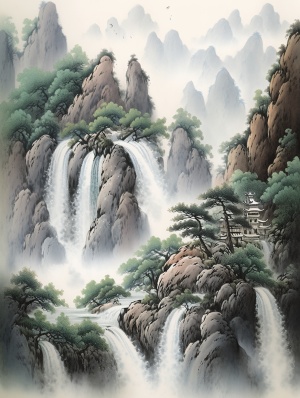 中国古代名画-高山苍松清泉瀑布飞鸟画