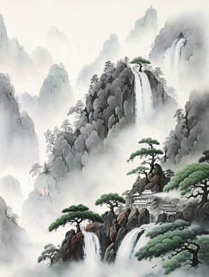 这是一副古画，工笔画，画中是中国古典风格画风的高山，苍松，清泉，瀑布，飞鸟，诗文，印章，中国古代名画，名人真迹，超高清画质，32K