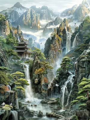 立体山水画：高山苍松，清泉瀑布，云雾缭绕的古风景观