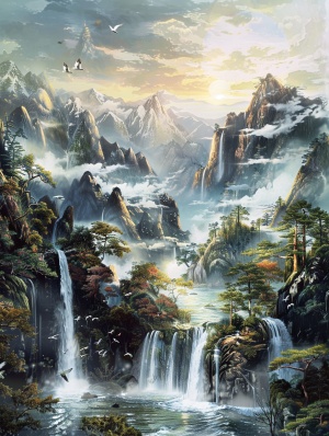 立体山水画：高山苍松，清泉瀑布，云雾缭绕的古风景观