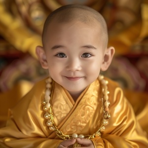 可爱微笑的中国三岁小和尚近照，超清细节展现精致五宫特征