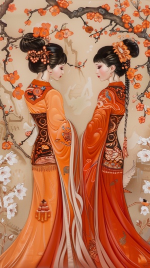 中国女士穿着传统东方风格的橙色礼服，nene thomas风格，丝网，超现实主义壁画，樱花，cristina mcallister，ttondo，优雅的人物