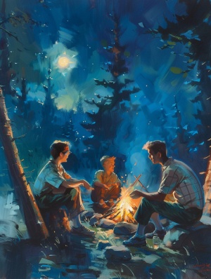 夜晚营地里的男教练与两个小男孩的露营知识