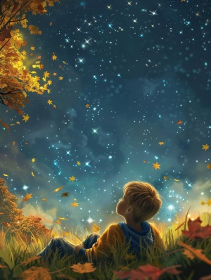 小男孩仰望星空，北斗七星如勺状