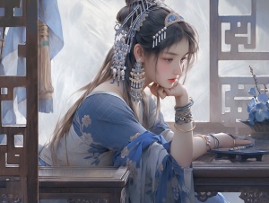 中国古代明代风格，一个女孩若有所思的坐在桌子前看向远方 中景唯美风格，着宝石蓝颜色的华服，头戴头饰