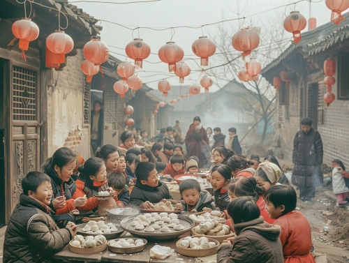 农村喜气洋洋迎新年的场景，人们团聚一堂，张灯结彩，一起包饺子，欢声笑语填满空气。背景设定在中国90年代的农村，整个画面采用富士相机风格，颜色饱和度高，有种淡淡的怀旧感，同时细节丰富，能够体现出当时的生活面貌和浓浓的过年气氛，写实，中国90年代风格，富士相机